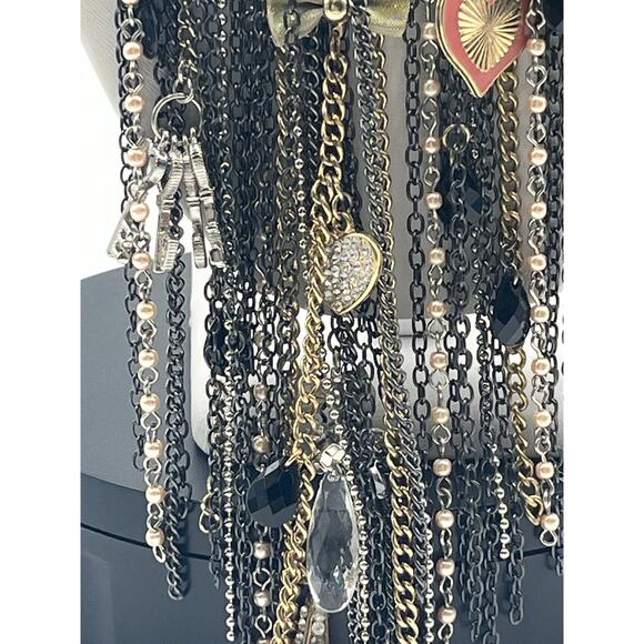 Black and Silver Rhinestone Bib Dangling Chain Charms Fringe Statement Necklace - Picture 4 of 9